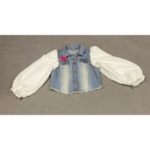 Feelin Groovy Upcycled Crop Denim Jacket White Puffy Sleeve Flower Small